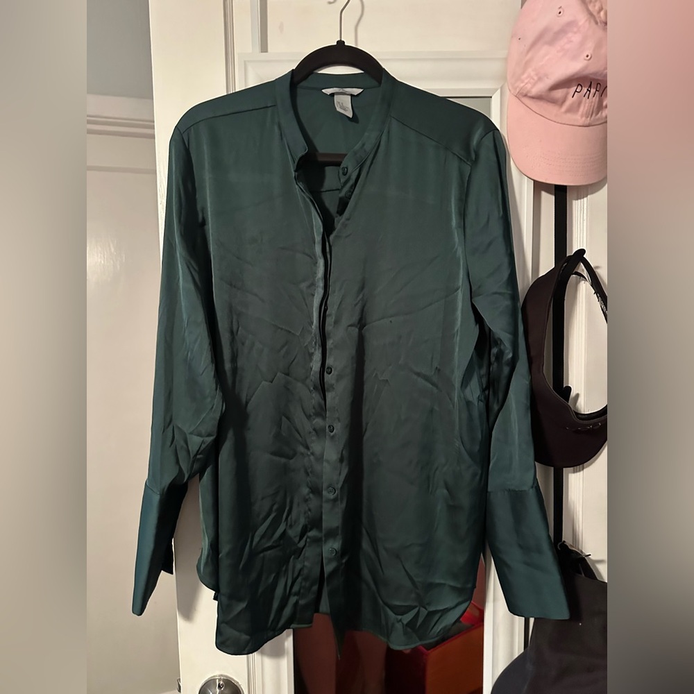 H&M Silk Chiffon Green Long Sleeve Dressy Blouse Shirt Top Women 14 XL New